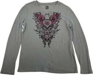 VTG y2k Women's FRZ Heart Angel Wings Thermal Waffle Knit Long Sleeve Shirt XXL